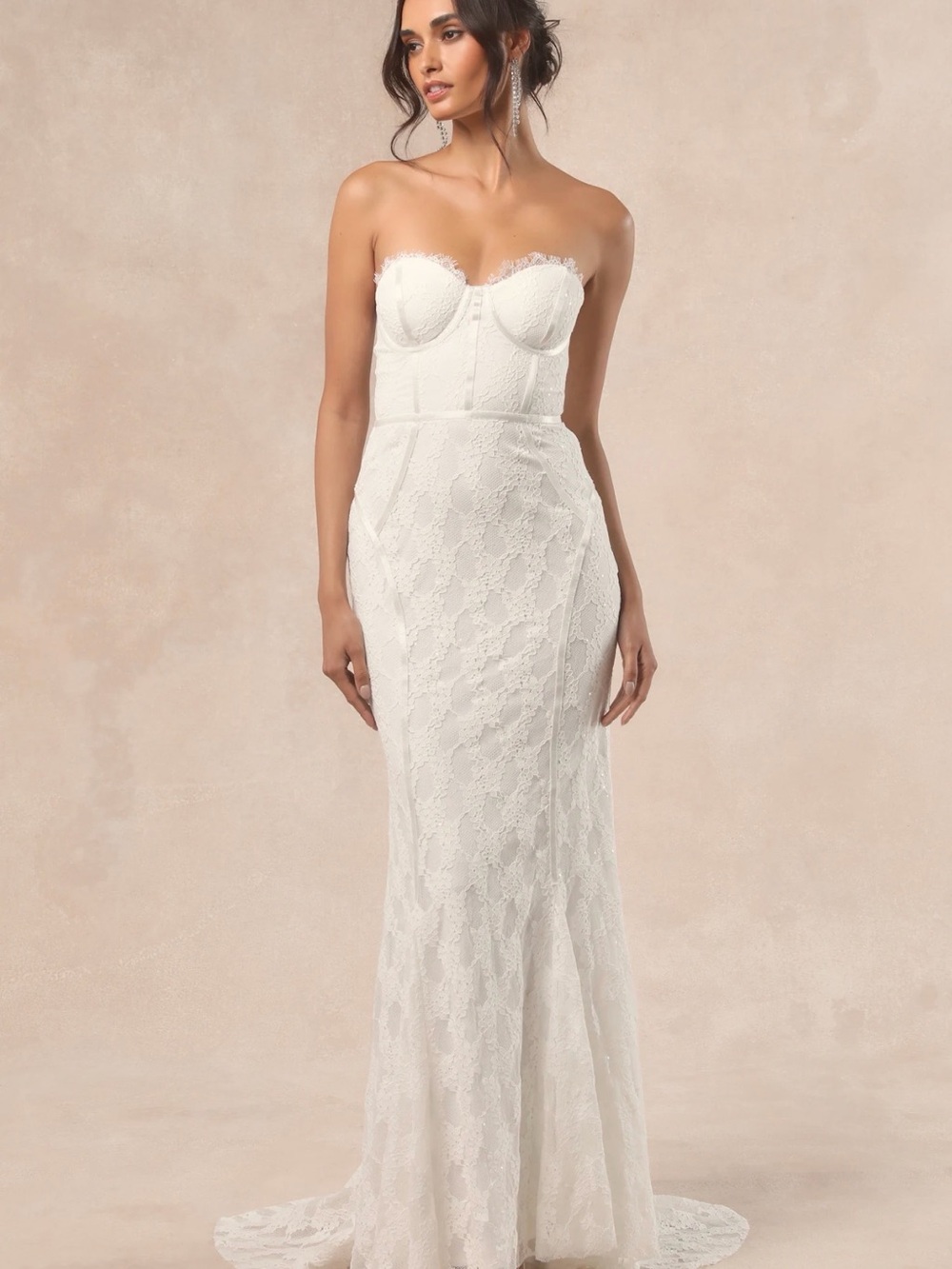 NWT Lulus Strapless White Bustier Lace Mermaid Wedding Dress Medium